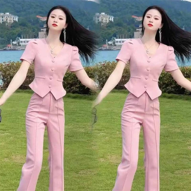 网红减龄时尚套装女2024夏季新款气质名媛V领短袖上衣+长裤两件套