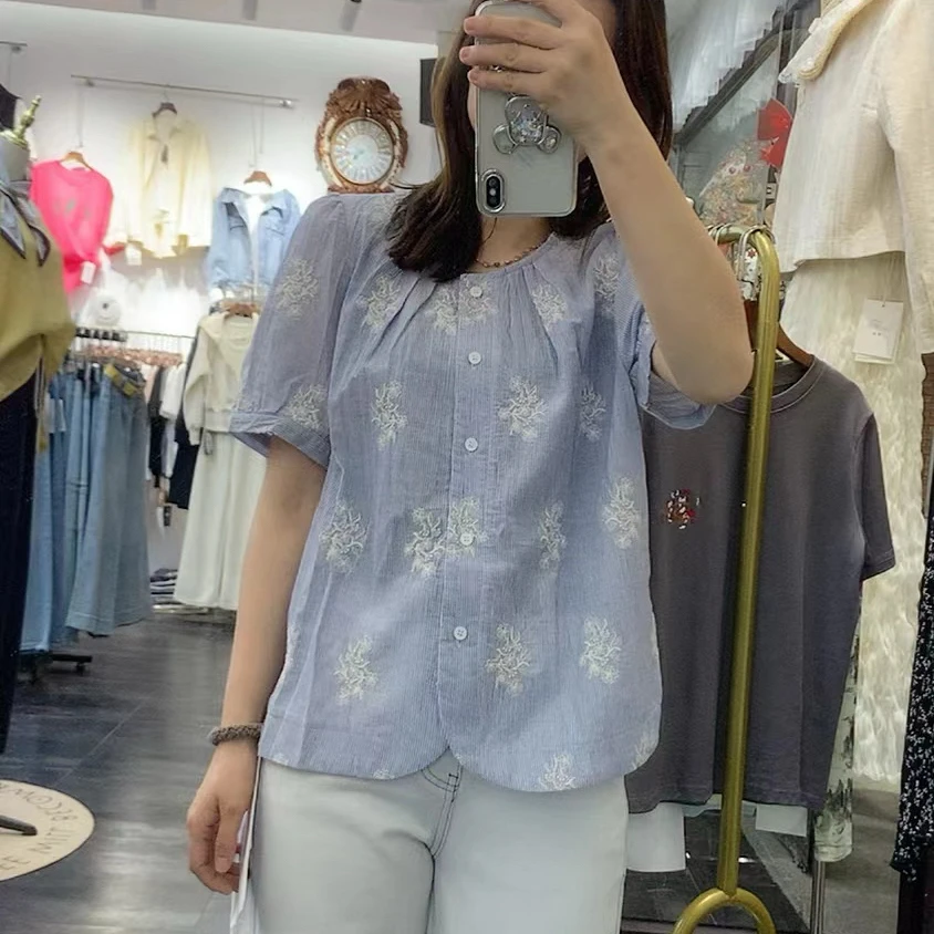 2025夏季新品时尚百搭圆领刺绣布艺开衫遮肉韩版上衣淑女气质高雅