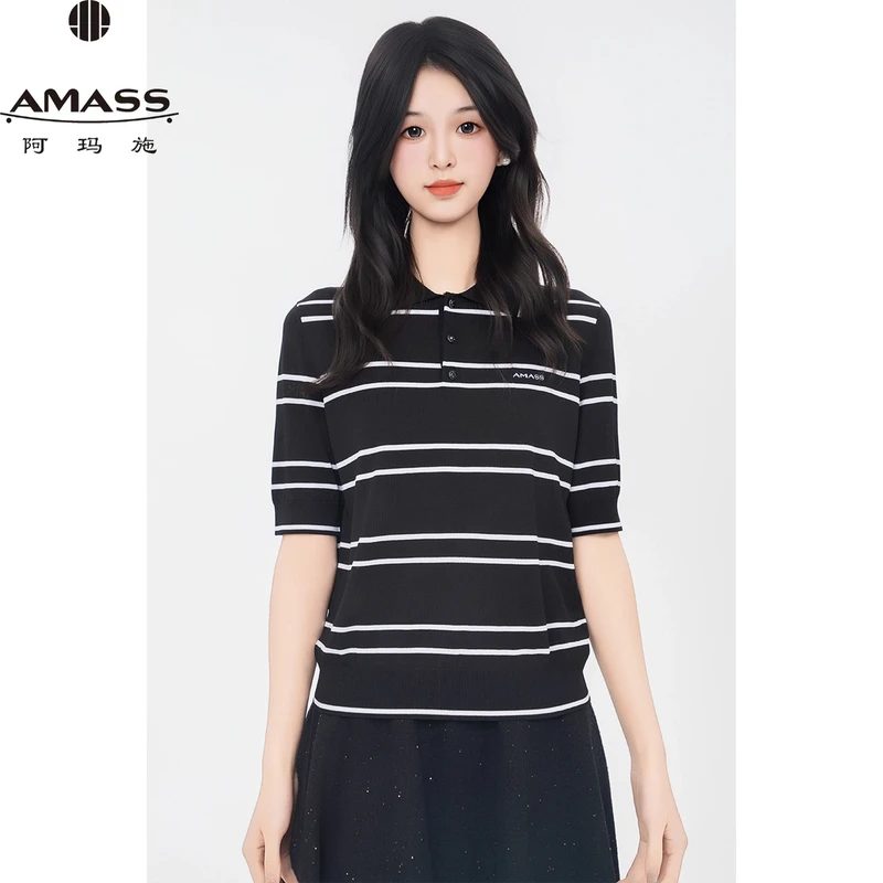 阿玛施AMASS 春夏新款质感经典条纹时尚百搭短袖POLO衫T恤 538009