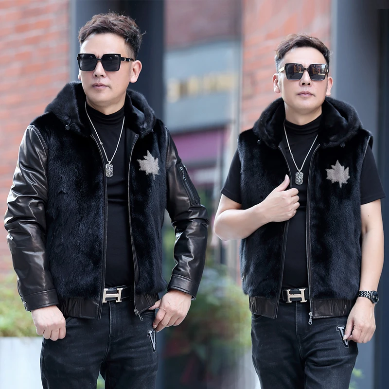短款连帽皮衣水整貂貂毛潮流男时尚休闲保暖鹅绒外套2218-1