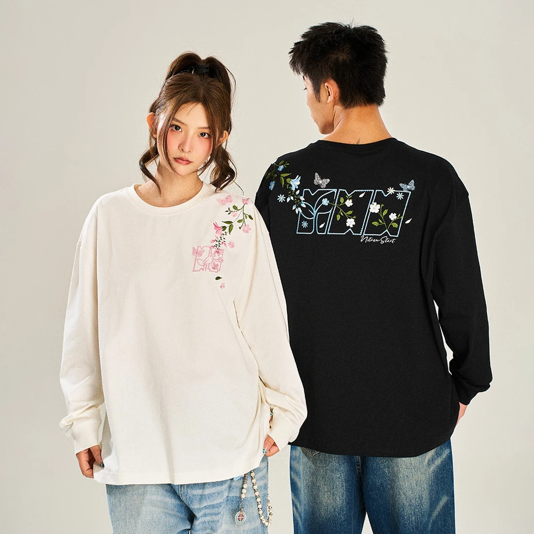 NSTNEW START发芽计划“粉蓝笺蝶”米珠绣过肩百搭休闲长袖T恤男