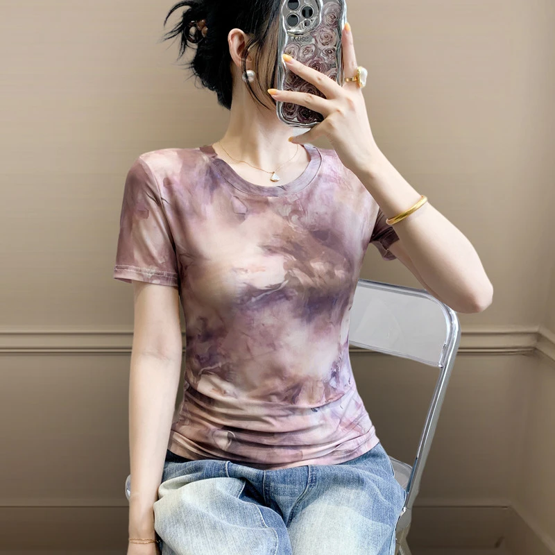 夏季新款8193短袖打底衫显瘦洋气时尚百搭半袖宽松迷彩印花圆领