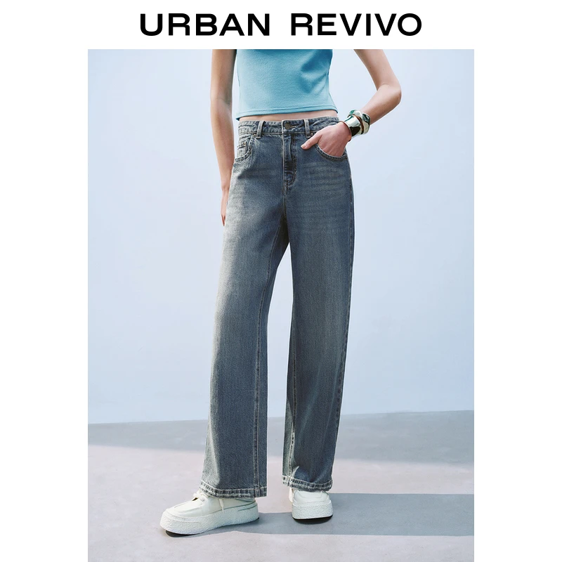 UR2025春季新款女装欧若风时髦猫须水洗阔腿牛仔长裤UYY850047
