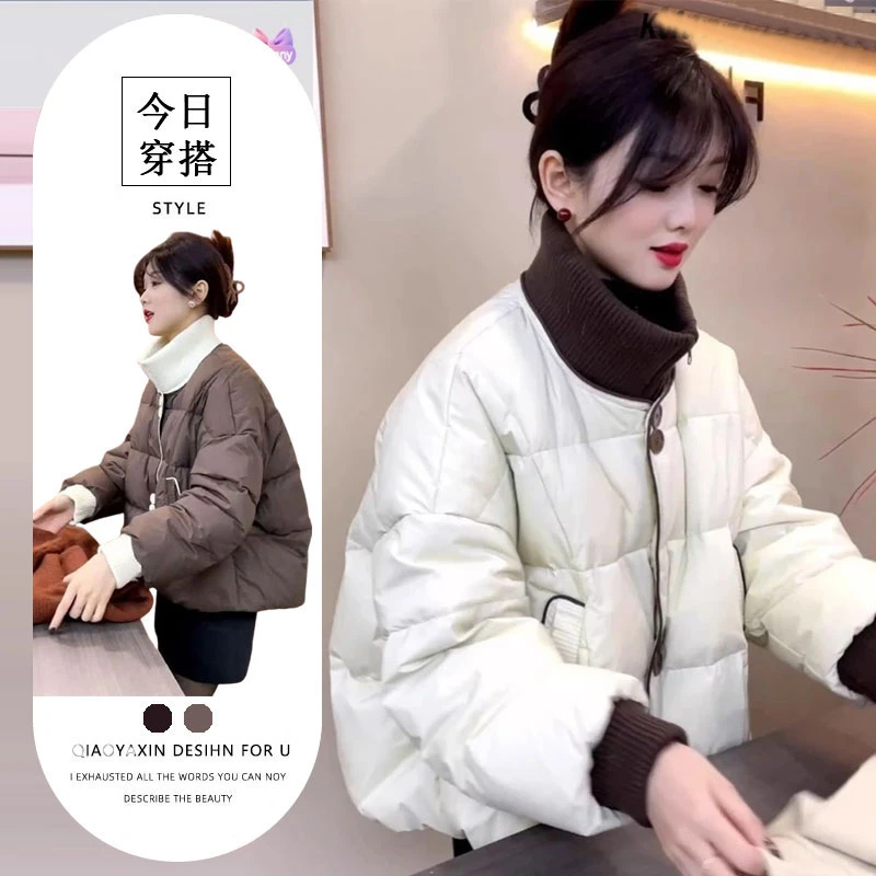 拼色棉服女2025针织立领新款拼接棉衣棉服冬季小个子短款棉衣外套