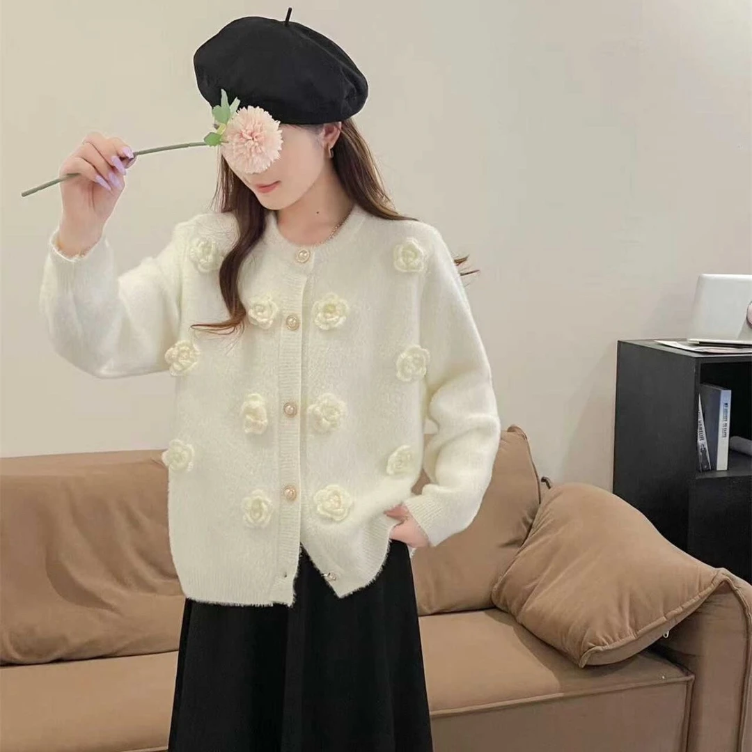 小香风外套女2025秋冬新款甜美立体花朵开衫女毛衣外套