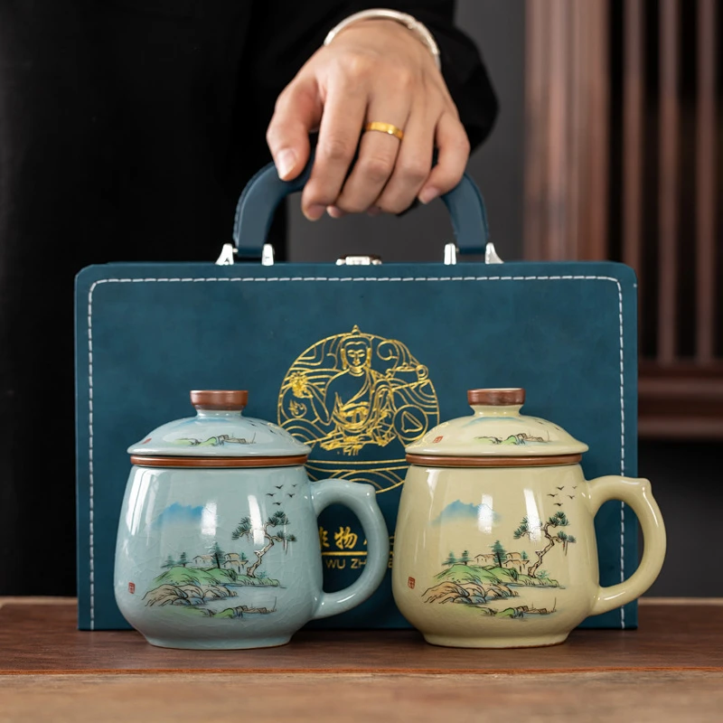 汝窑茶杯茶水分离陶瓷杯办公室泡茶杯大容量水杯高端个人专用杯子