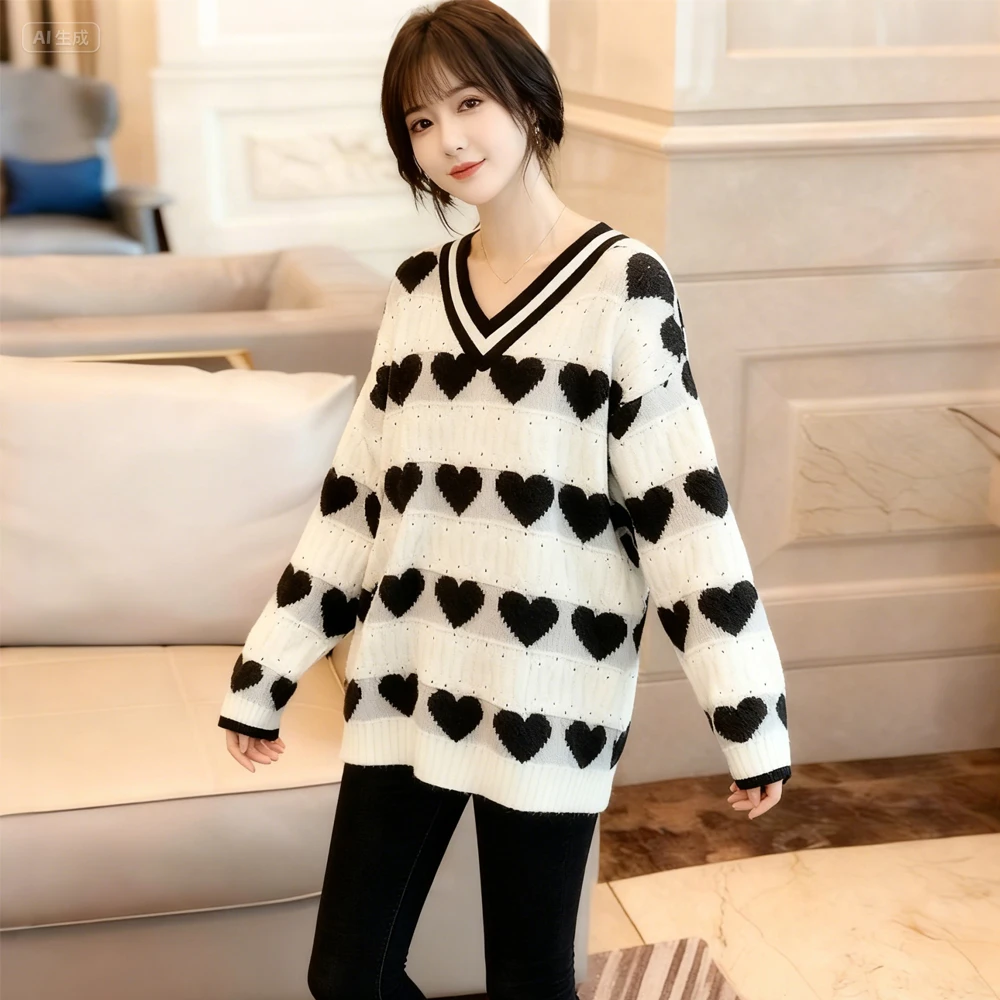 洋气镂空V领爱心针织毛衣女秋冬2026新款韩版时尚慵懒风套头上衣