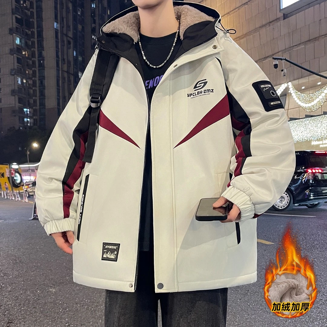 加绒加厚保暖夹克男生秋冬季潮流拼色连帽复古痞帅青少年冬装外套