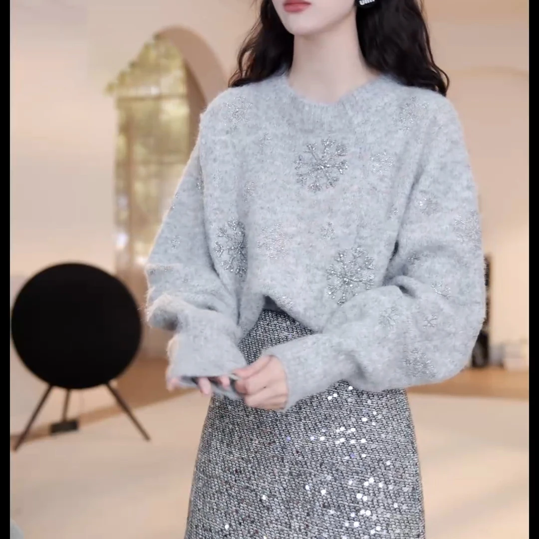 2024秋冬新款落肩雪花长袖毛衣百搭气质上衣LK2501267