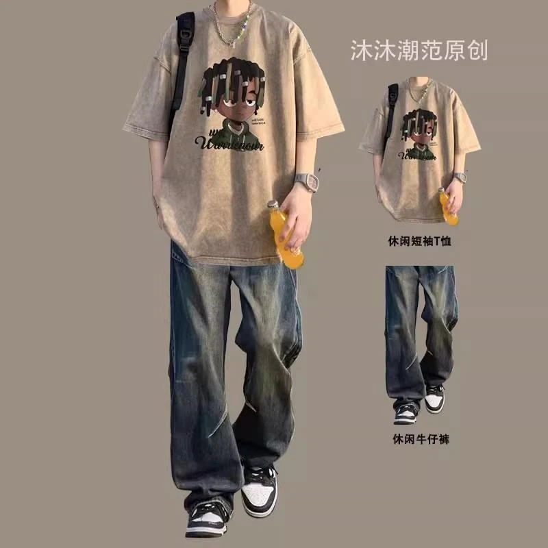 美式短袖套装男生水洗T恤一套搭配高街牛仔裤潮流痞帅男装两件套