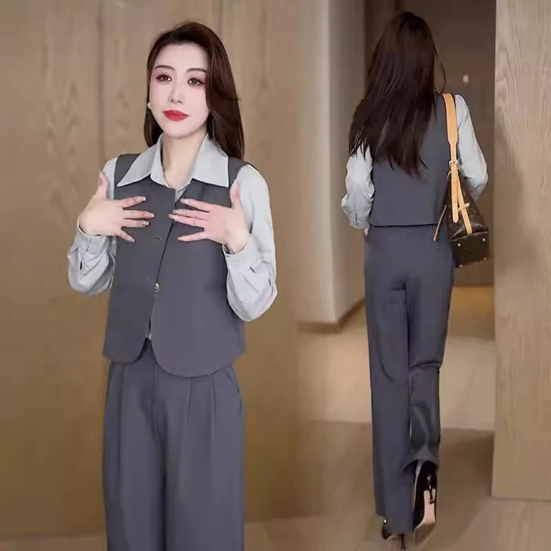 时尚西装套装女2025春季新款设计感西服马甲长袖衬衫阔腿裤三件套