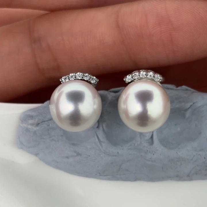 定制海水珍珠银S925镶嵌耳饰10-11mm澳白裸珠两颗