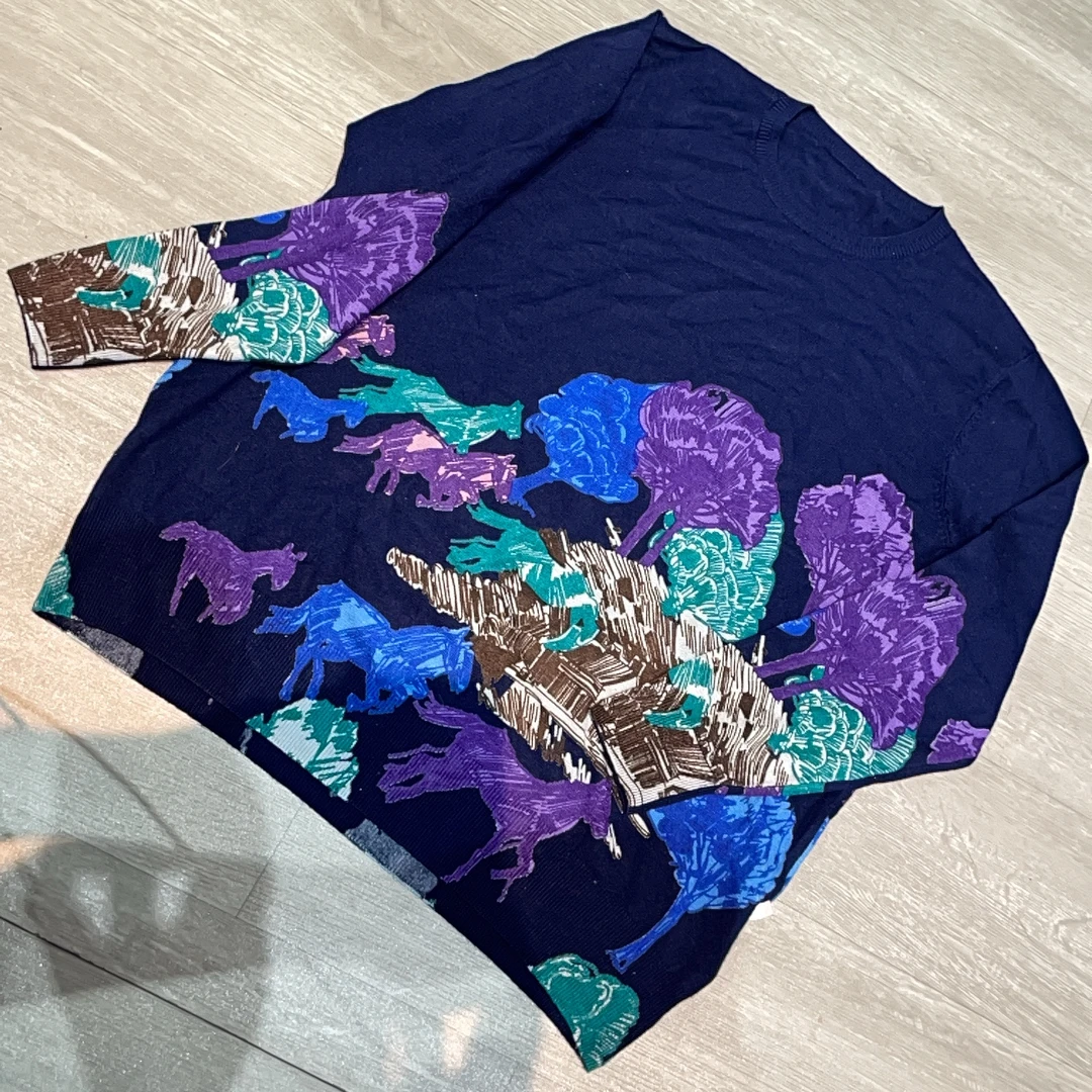 圆领薄款多色赛马印花时尚百搭长袖针织衫-果梓052