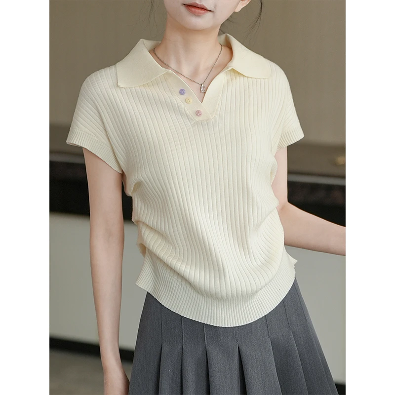 杏色短袖针织衫女2025夏季新款气质百搭翻领褶皱收腰修身T恤上衣