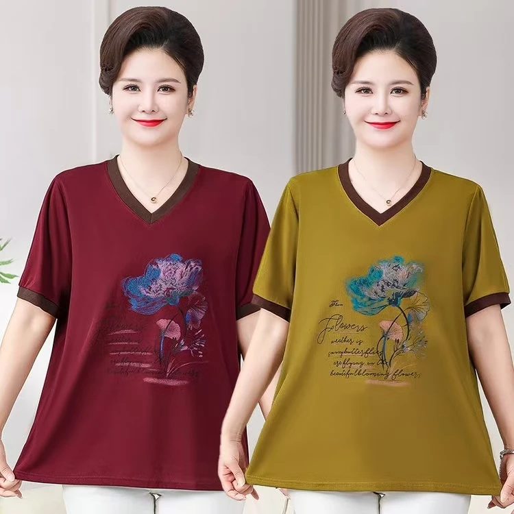气质中年大码妈妈装中老年夏季加大宽松夏装洋气时尚休闲女士短袖