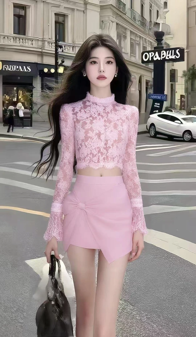 简约纯欲辣妹风粉色立领蕾丝长袖短款上衣+粉色包臀半身裙两件套