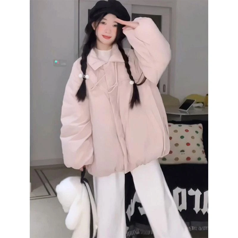 韩系粉色花苞立领设计棉服女冬季新款时尚超好看短款面包服外套潮