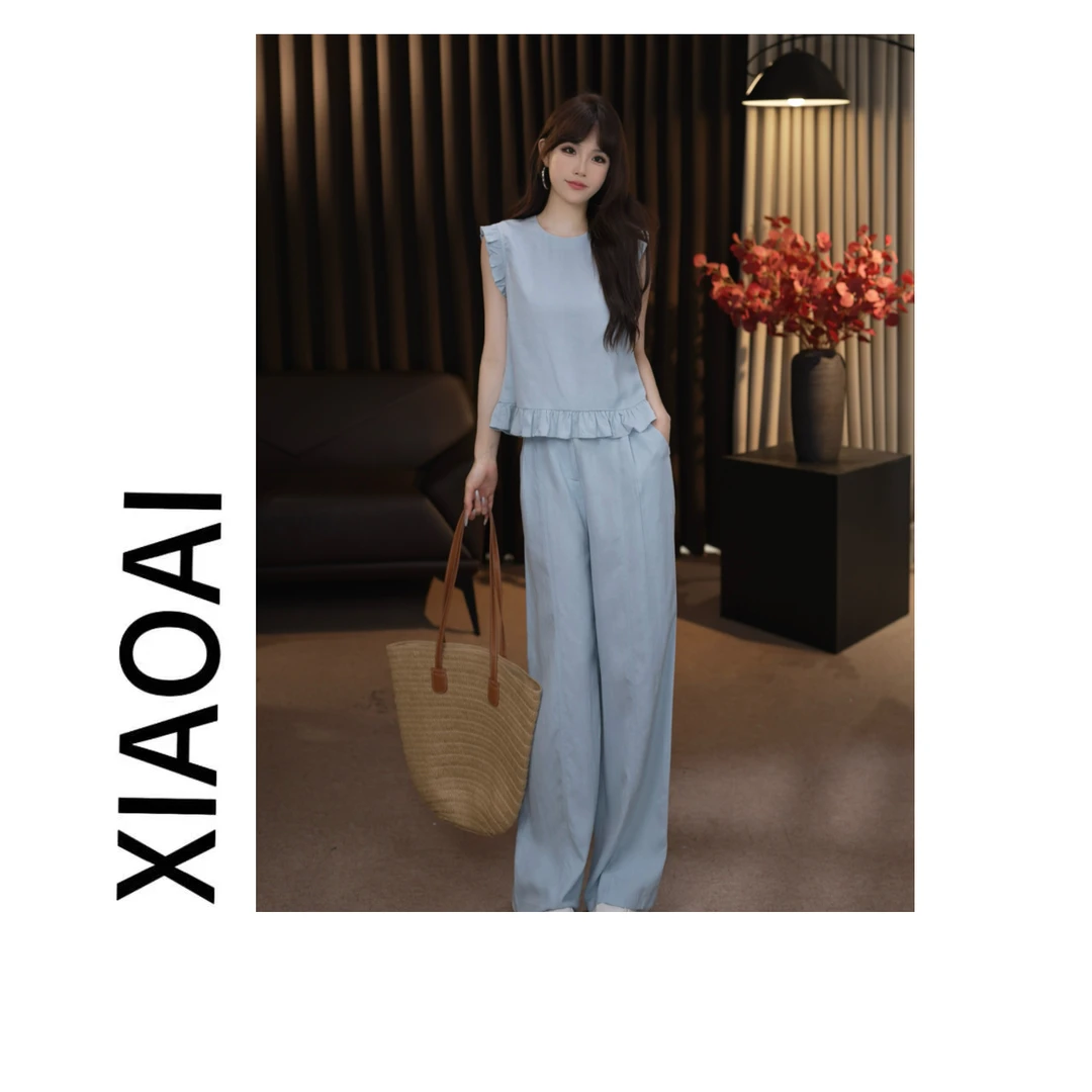 小艾F135初夏新款2025高级气质显瘦设计感花边马甲+直筒裤套装女