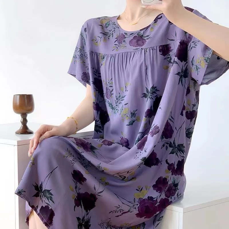 新款人造棉女士睡裙宽松显瘦夏季甜美棉绸加长款裙子家居服可外穿