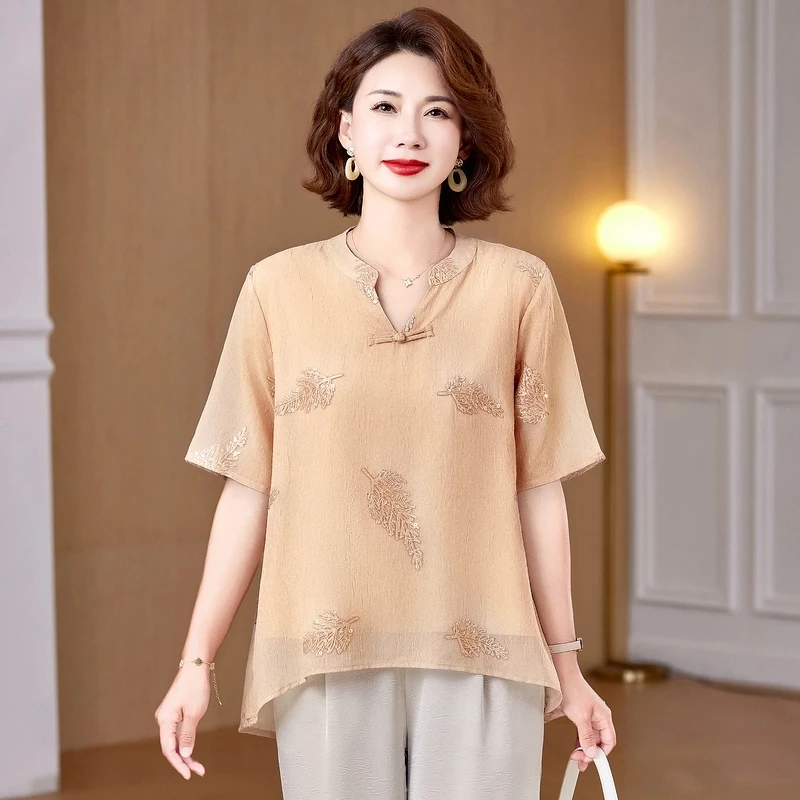 高贵夏装中老年新款妈妈宽松时尚洋气富太太桑蚕丝上衣洋气衣服女