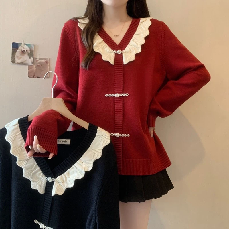 珍珠新款针织衫大码女装盘扣长袖遮肉花边显瘦宽松v领毛衣秋2025
