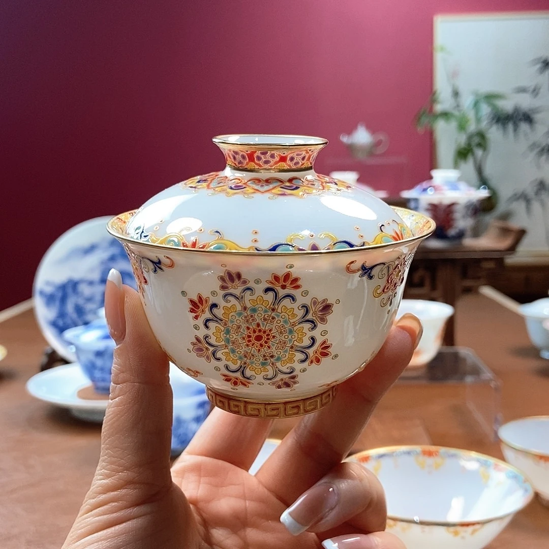 山月闲微瑕超薄胎脱胎瓷高温手工珐琅彩盖碗