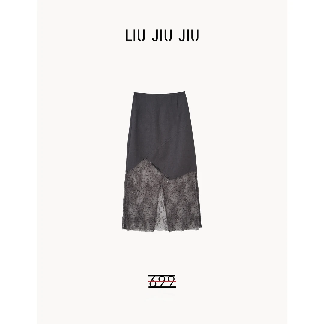 LIUJIUJIU 复古气质蕾丝拼接小众独特别致设计感半身裙BQ3319L