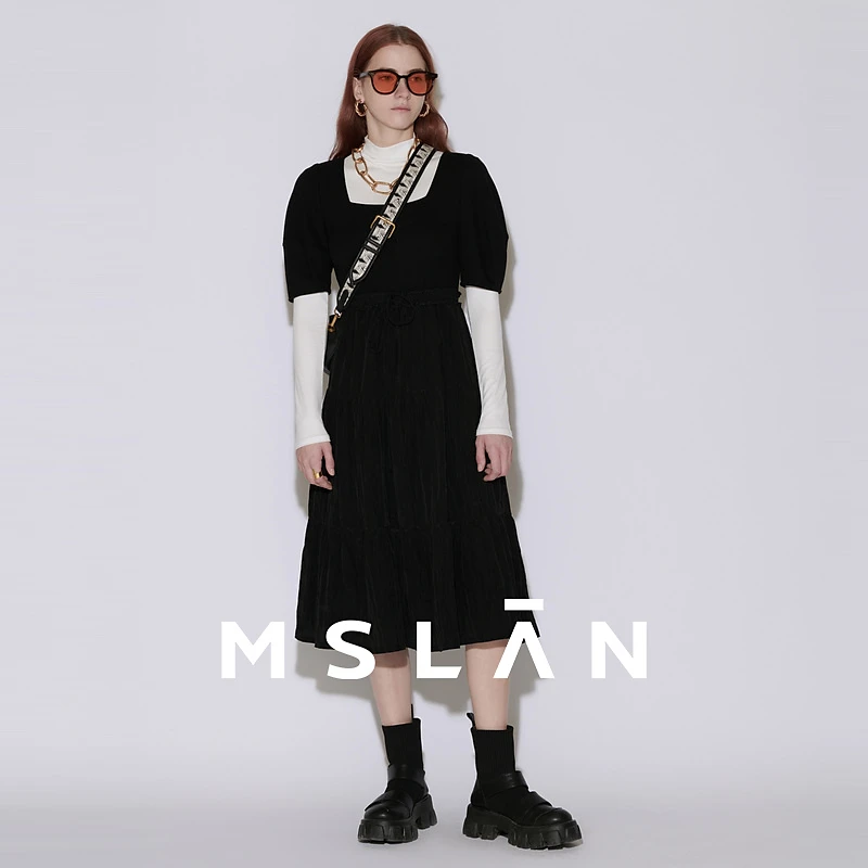 MSLAN【商场同款】连衣裙方领小个子长裙 MEBM4120