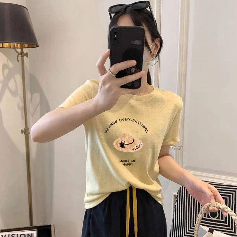 设计感小众夏季新款圆领黄色雪花棉短袖t恤女时尚休闲减龄打底衫