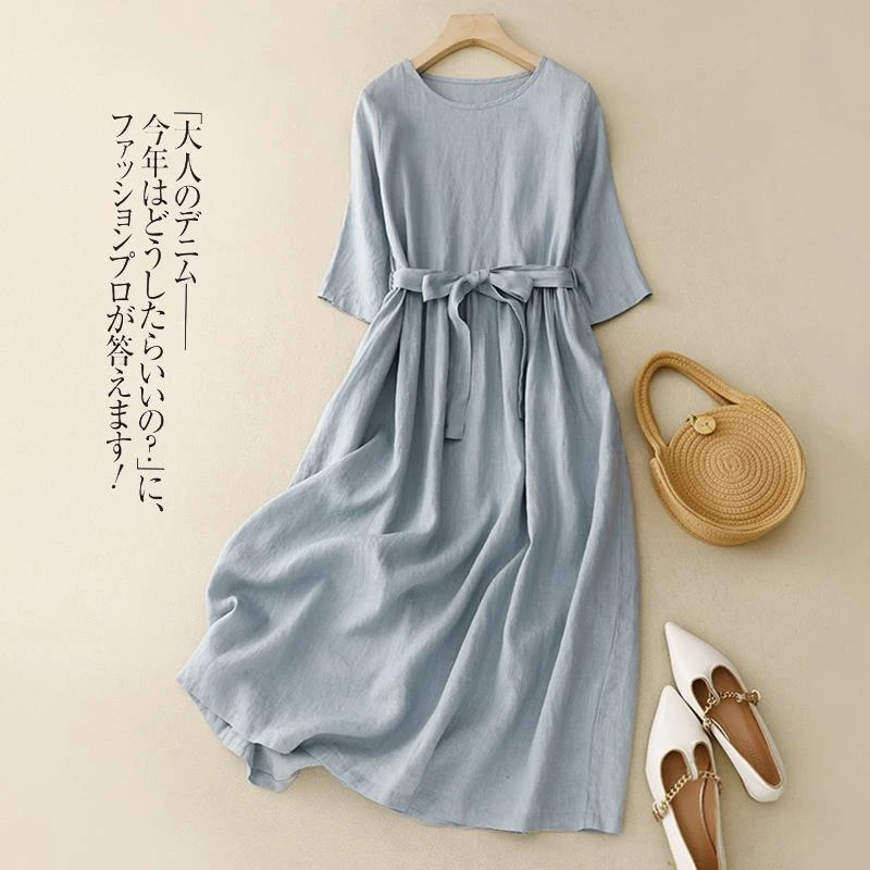 简约日系素雅棉麻连衣裙女夏季文艺圆领五分袖系带显瘦大摆中长裙