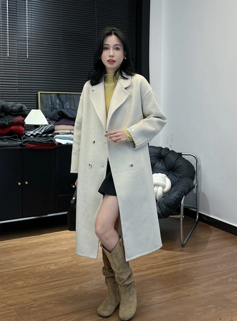 【Si&华严选】韩版长款气质高级双面羊绒百搭双排扣大衣外套6023