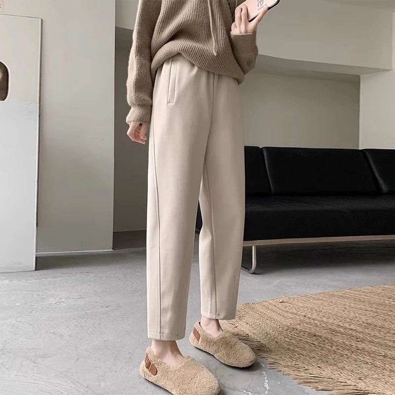 毛呢卫裤女秋冬季显瘦小个子加绒保暖奶奶裤松紧腰烟管萝卜哈伦裤