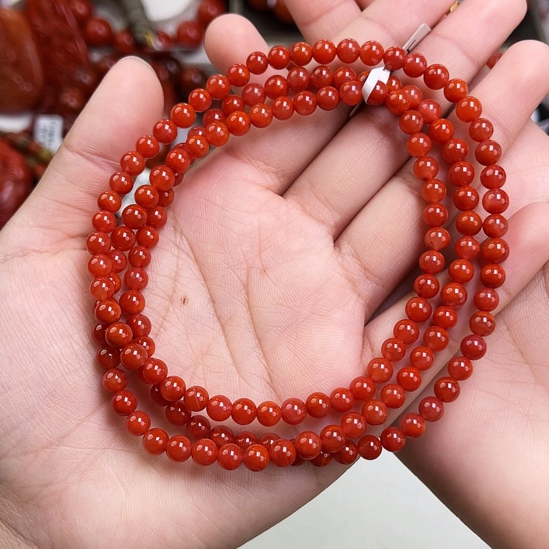 记***子南红玛瑙未镶嵌手链瓦西锦红圆珠多圈5mm
