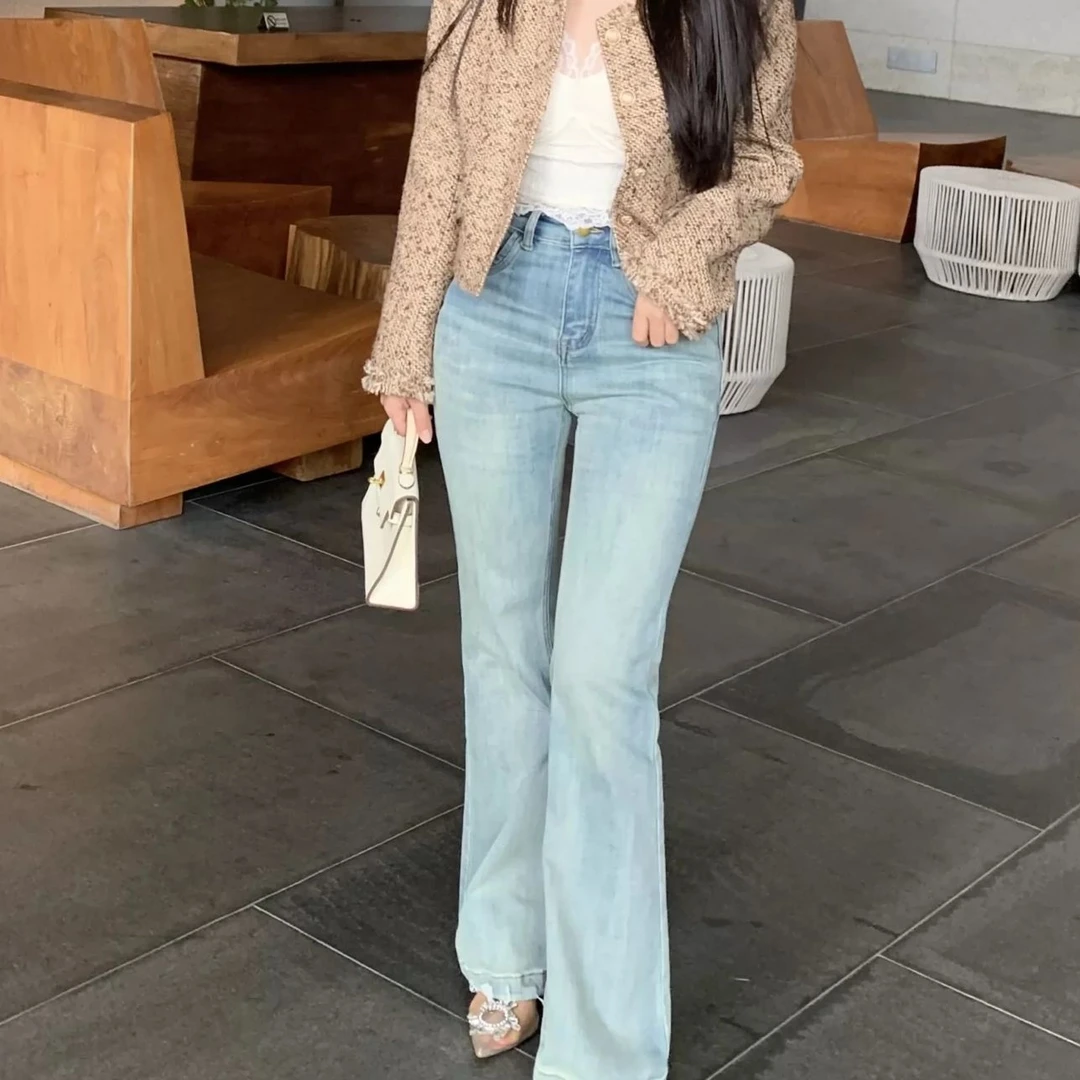 大眼LARGEEYE经典高级绝美弹力高腰微喇叭牛仔裤设计感小心机女孩