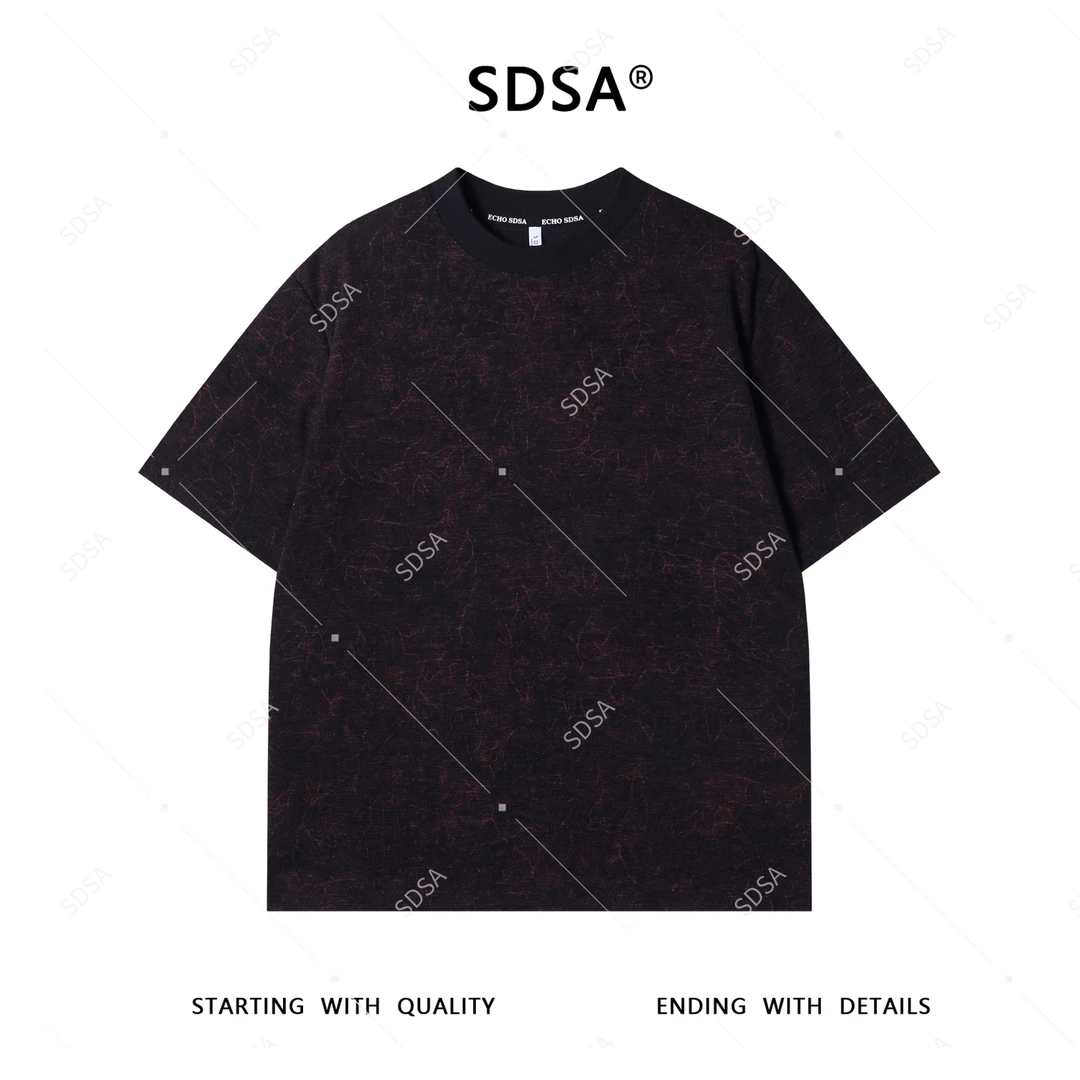 SDSA夏季新款男士痞帅潮牌最近撞色裂纹设计圆领短袖T恤时尚显瘦