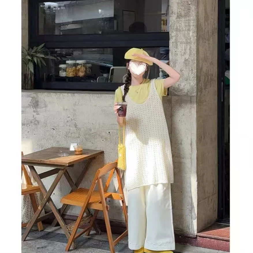 【金满满】法式绝美镂空针织背心连衣裙+正肩T恤宽松叠穿春夏套装7