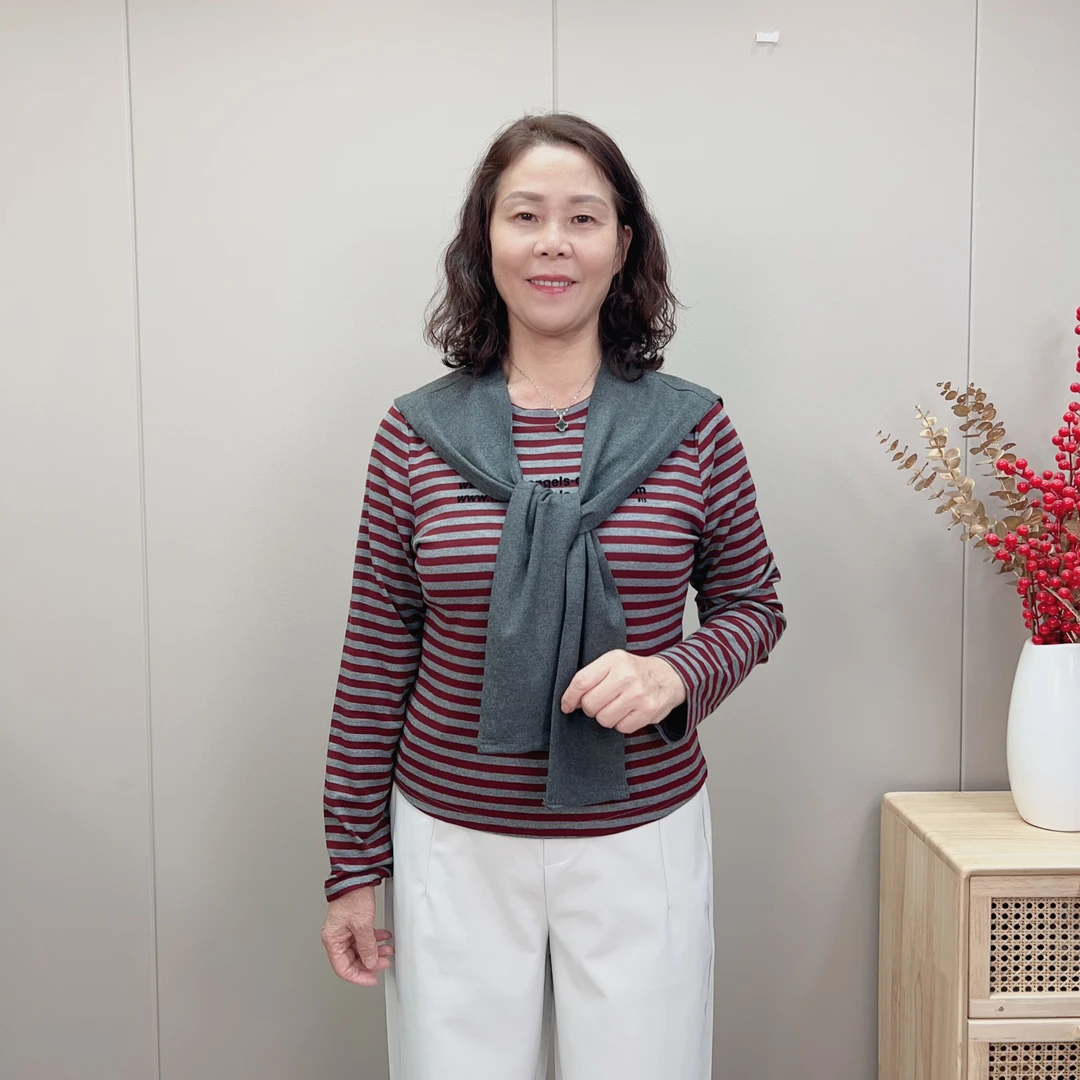 25保暖条纹抗起球长袖有弹力T恤秋季套头经典秋冬时尚气质女士