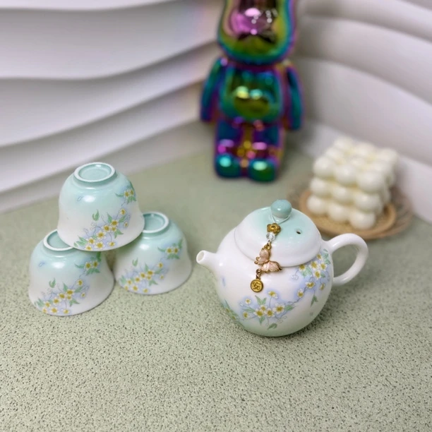 绿色渐变桂花开女生茶具露营套装出游精致茶具带提溜