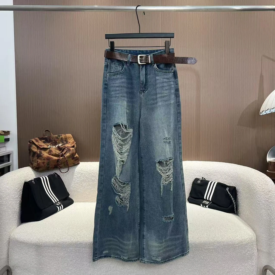 【时髦竞技场】新款复古破洞显瘦宽松直筒阔腿牛仔裤(带腰带)89521