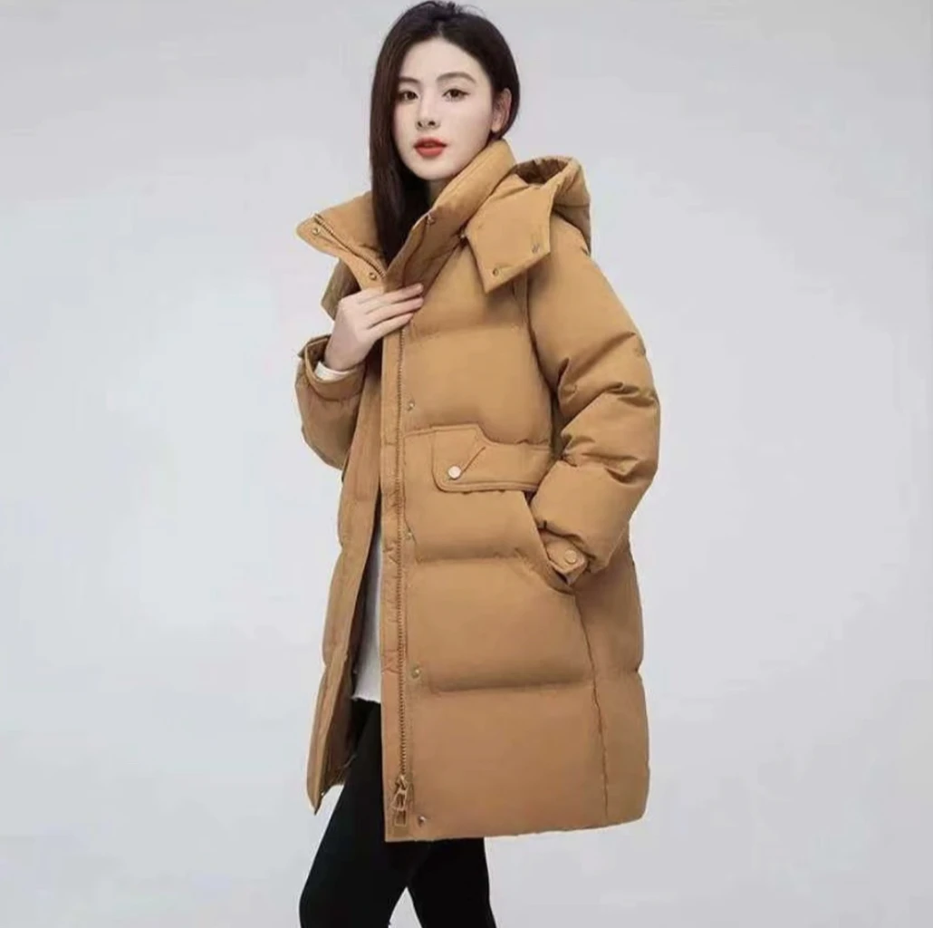 加厚保暖2025年新款女中长款棉服大码宽松棉袄帽子可拆卸棉衣
