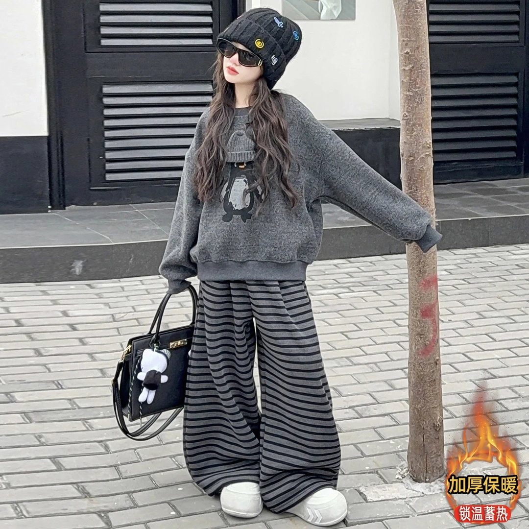 女童套装秋冬装2026新款洋气时髦加绒加厚卫衣中大儿童冬季两件套