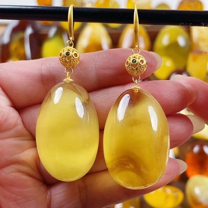 琥珀银S925镶嵌裸石耳环