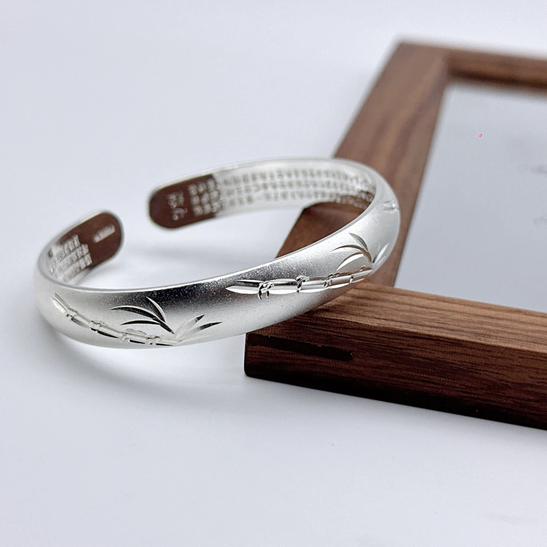 银9999龙凤磨沙手镯女银雕刻满天星开口心经情侣送女友简约