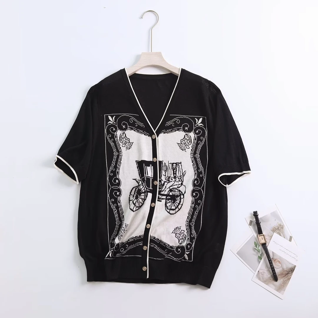 大码女装 胸108-144马车图案小衫短袖7732#