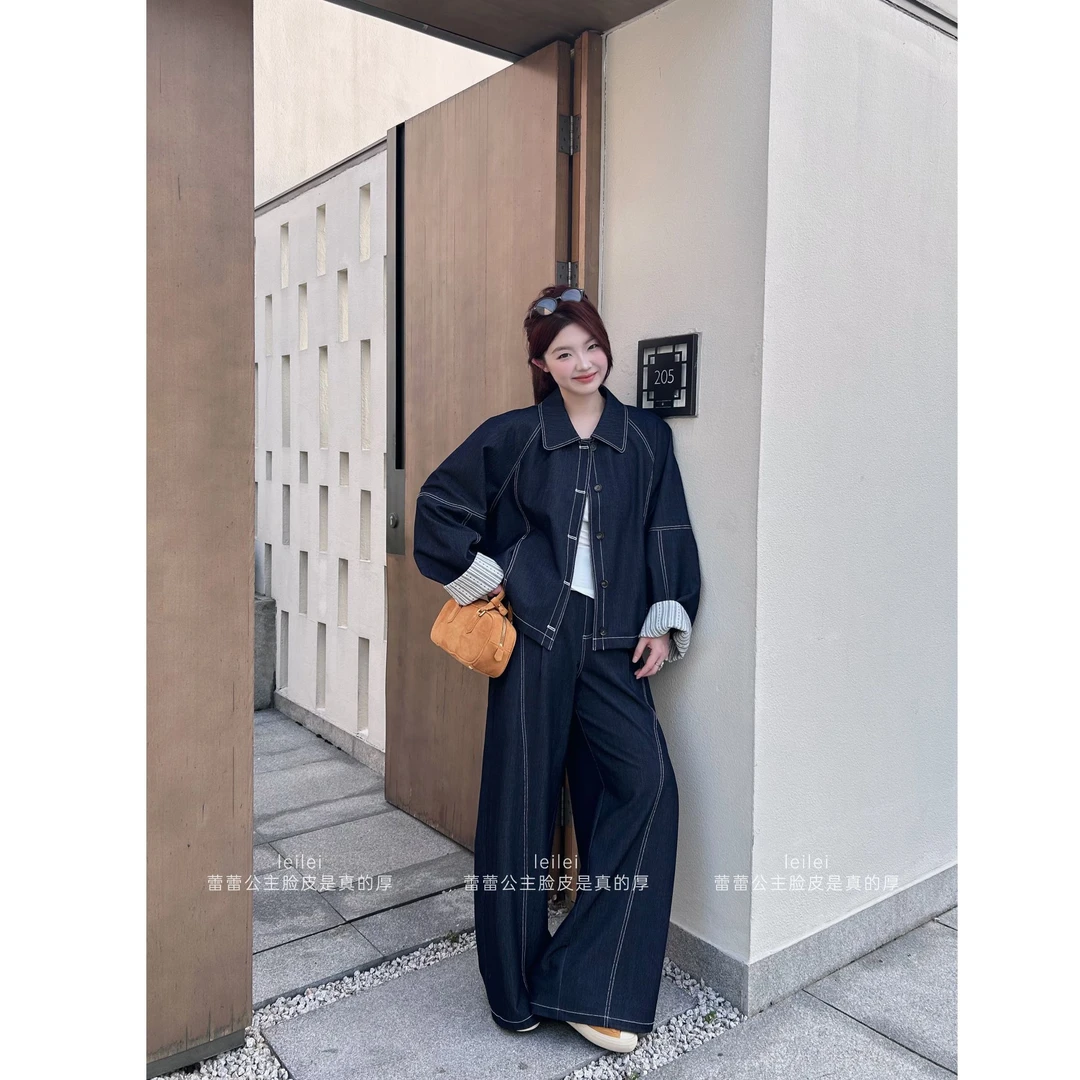 晶咕【不费力时髦】仿牛仔明线走线宽松外套+后半截松紧高腰阔腿裤