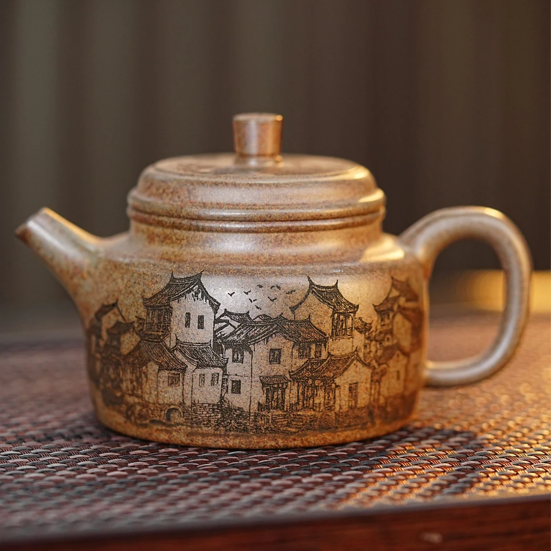 宜兴紫砂茶具 原矿龙背青泥料刻绘忆江南德钟紫砂壶