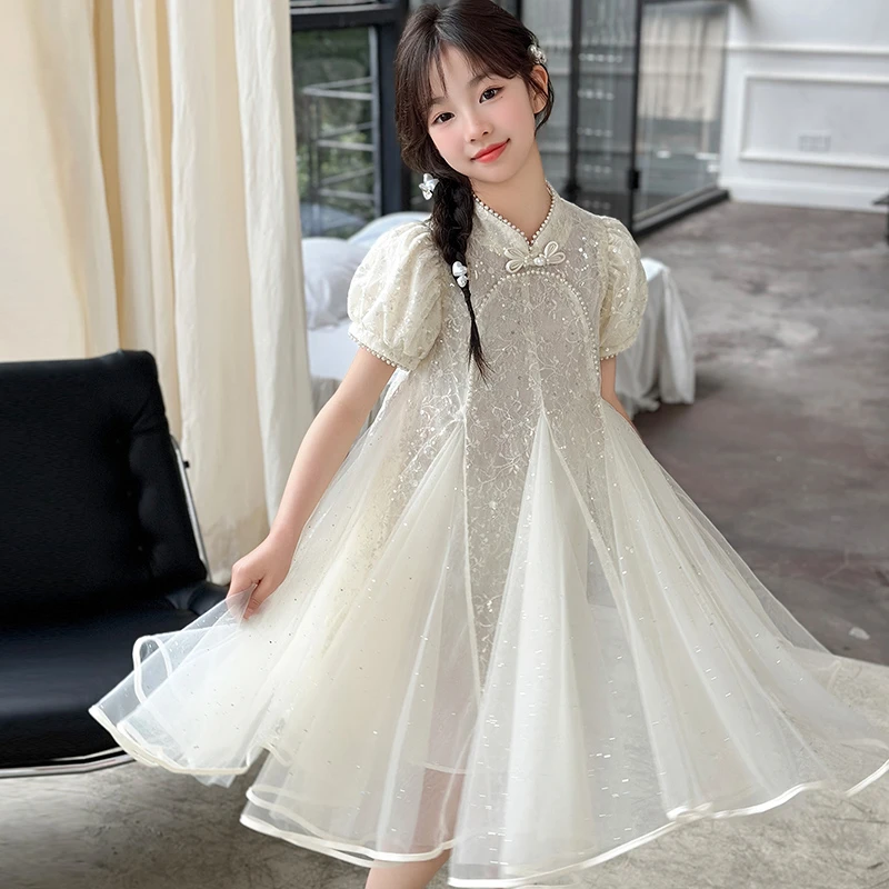 女童夏季连衣裙2025新款儿童新中式旗袍纱裙女孩白色夏装公主裙子