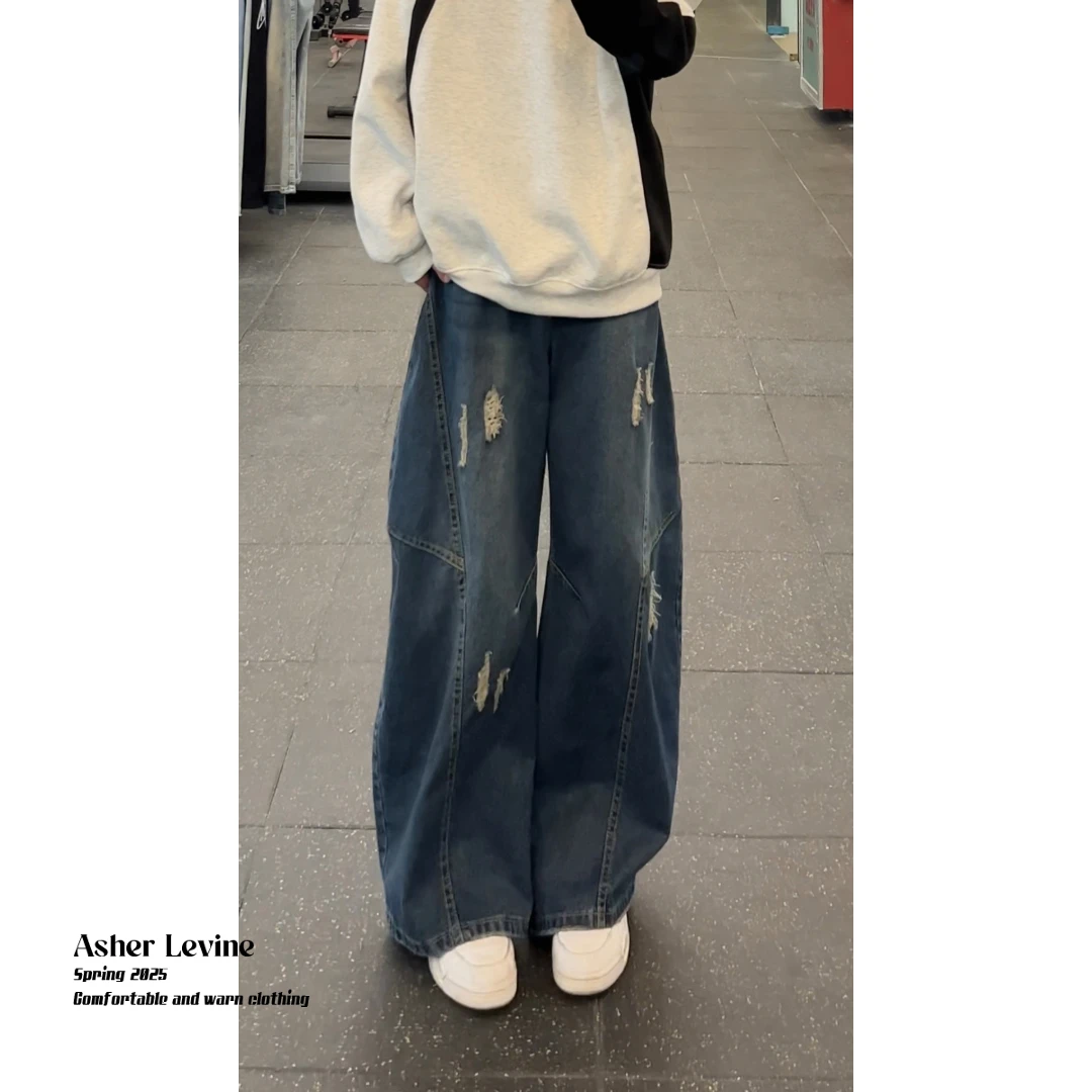 弯刀牛仔裤男士男款春夏季新款宽松阔腿破洞设计感休闲长裤子