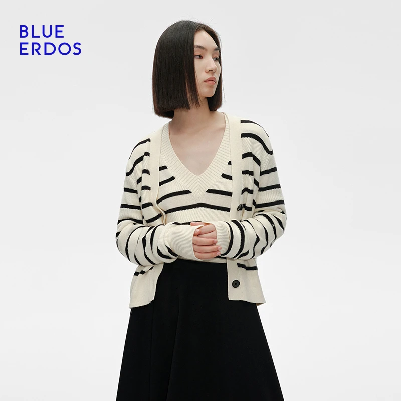 BLUE ERDOS25早春V领条纹针织开衫短外套B255D1003