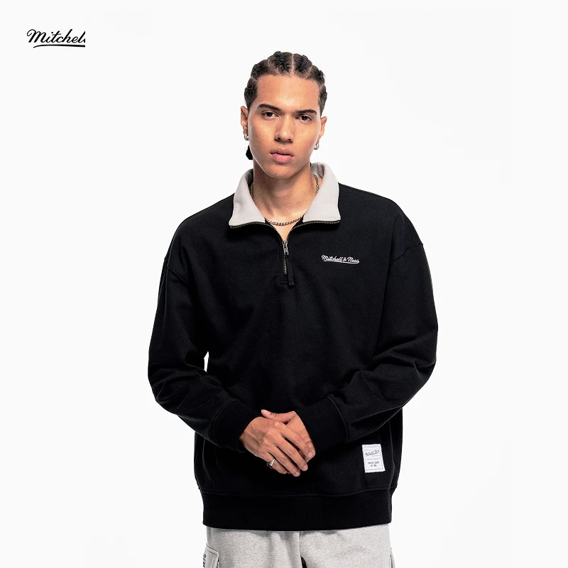MITCHELL&NESS90嘻哈黄金年代系列立翻领卫衣男士黑色简约运动